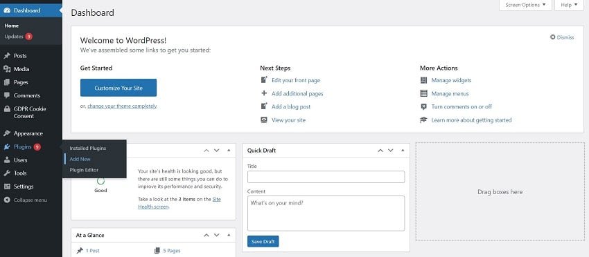 如何为网站添加cookie弹出框 2 Add New Plugin